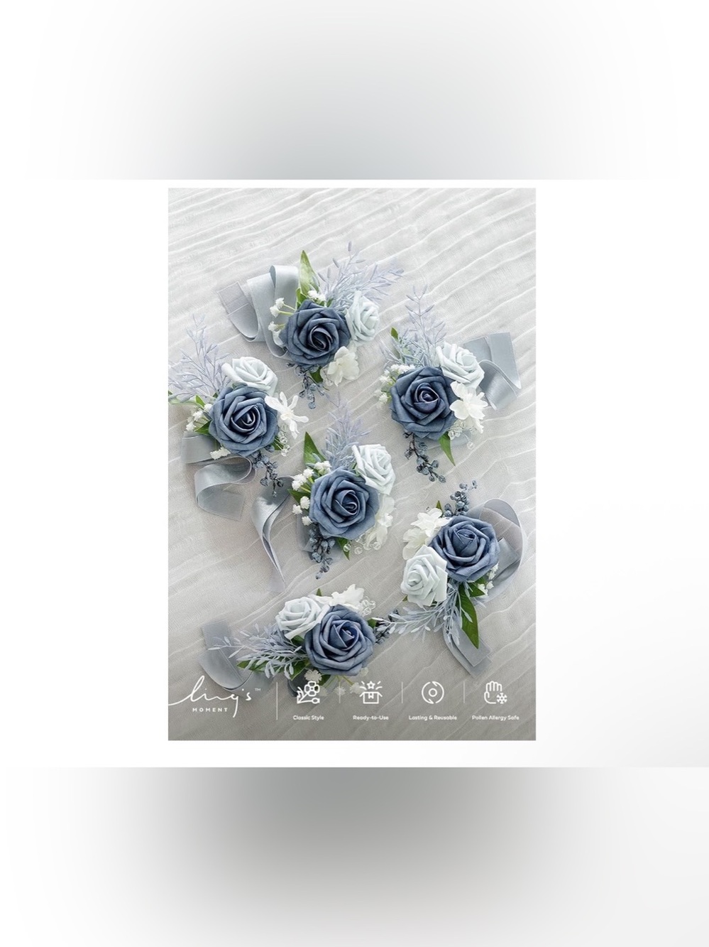 Ling's moment 6pcs Wrist Corsage Artificial Flowers Dusty Blue Light Blue NEW